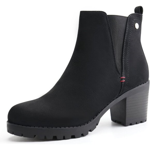 Jabasic Womens black Chelsea Block Heel Slip On Faux Suede Classic Ankle Booties - Picture 1 of 6